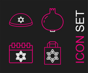 Poster - Set line Shopping bag with star of david, Jewish calendar, Pomegranate and kippah icon. Vector