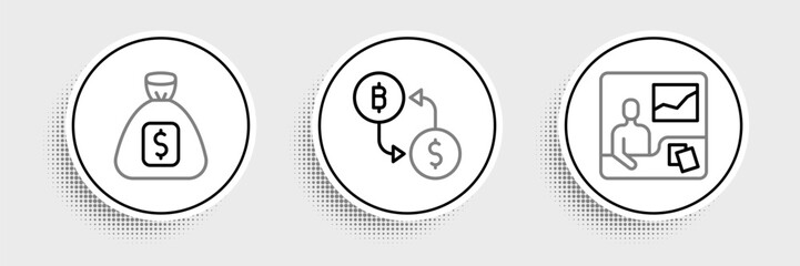 Poster - Set line Trading courses, Money bag and Cryptocurrency exchange icon. Vector