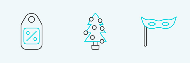 Aufkleber - Set line Festive mask, Price tag with Sale and Christmas tree icon. Vector