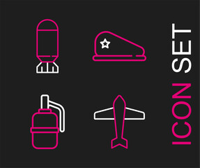 Poster - Set line Jet fighter, Hand grenade, Military beret and Aviation bomb icon. Vector