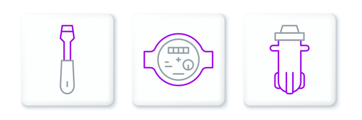 Poster - Set line Water filter, Screwdriver and meter icon. Vector