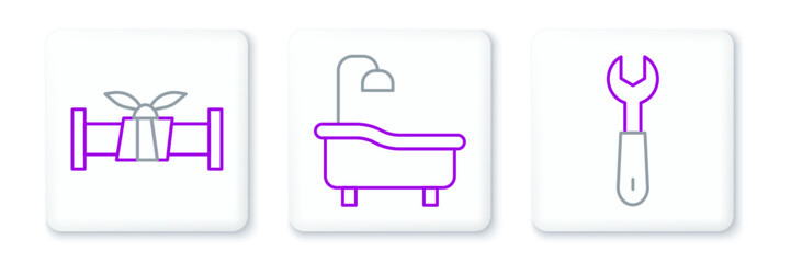 Aufkleber - Set line Wrench spanner, Industry metallic pipe and Bathtub icon. Vector