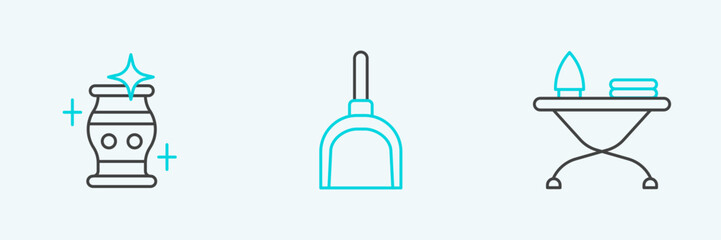 Poster - Set line Iron and ironing board, Clean vase and Dustpan icon. Vector