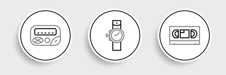 Fototapete - Set line VHS video cassette tape, Pager and Wrist watch icon. Vector