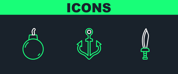 Poster - set line pirate sword, bomb ready to explode and anchor icon. vector
