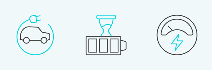 Poster - Set line Voltmeter, Electric car and Battery charge icon. Vector