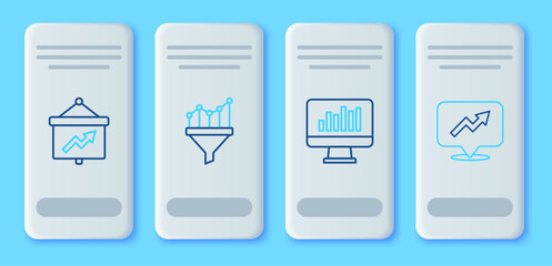 Fototapete - Set line Sales funnel with chart, Monitor graph, Board and Financial growth icon. Vector