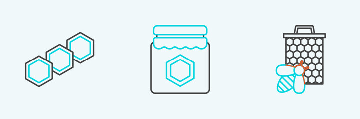 Poster - set line bee and honeycomb, honeycomb and jar of icon. vector