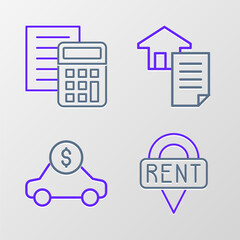 Poster - Set line Location key, Car rental, House contract and Calculator icon. Vector