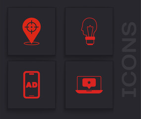 Poster - Set Laptop with star, Target, Light bulb concept of idea and Advertising icon. Vector