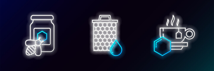 Poster - Set line Cup of tea with honey, Jar bee and Honeycomb icon. Glowing neon. Vector