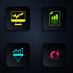 Fototapete - Set Pie chart infographic, Monitor with, Sales funnel and Document. Black square button. Vector