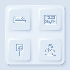 Poster - Set line High-speed train, Location with taxi, Airport and Folded map location. White square button. Vector