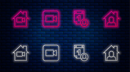 Fototapete - Set line Camera, Time management, Video camera Off in home and Online working. Glowing neon icon on brick wall. Vector