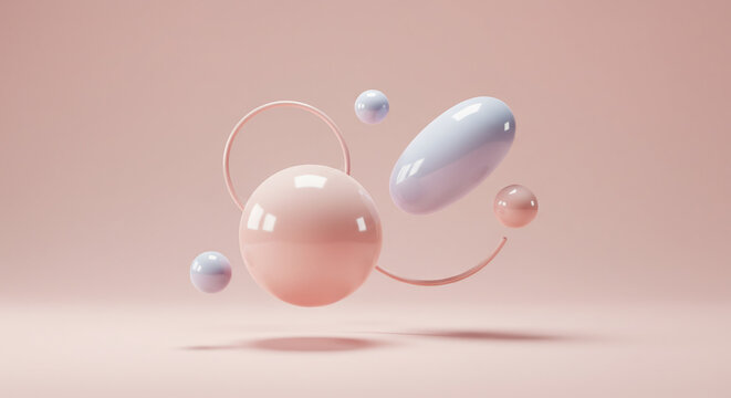 Abstract Pastel Shapes Floating in Pink Background 3D Render