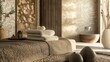 © Aphirak - Close-up of elegant spa room interior, earthy palette, organic textures, tranquil ambiance