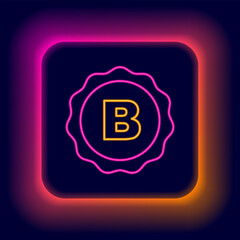 Poster - Glowing neon line Bottle cap with inscription beer icon isolated on black background. Colorful outline concept. Vector