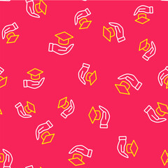 Poster - Line Education grant icon isolated seamless pattern on red background. Tuition fee, financial education, budget fund, scholarship program, graduation hat. Vector