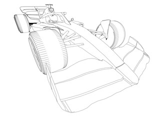 Poster - A drawing of a race car with a tire on the front. The drawing is in black and white