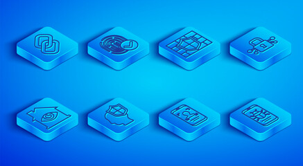 Poster - Set line Chain link, Fingerprint, Shield with brick wall, Head shield, Mobile and face recognition, Cyber security, House eye scan and System bug mobile icon. Vector