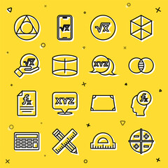 Poster - Set line XYZ Coordinate system, Function mathematical symbol, Mathematics sets A and B, Square root of x glyph, Geometric figure Cylinder, Triangle and icon. Vector