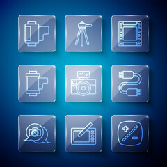 Poster - Set line Photo camera, Graphic tablet, Exposure compensation, Camera roll cartridge, with flash, and USB cable cord icon. Vector
