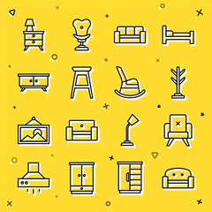 Poster - Set line Armchair, Coat stand, Sofa, Chair, Furniture nightstand, Nightstand with lamp and Rocking icon. Vector