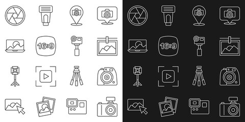Poster - Set line Photo camera, frame, 16, retouching, Camera shutter and Action extreme icon. Vector