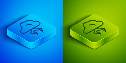 Poster - Isometric line Storm icon isolated on blue and green background. Cloud and lightning sign. Weather icon of storm. Square button. Vector