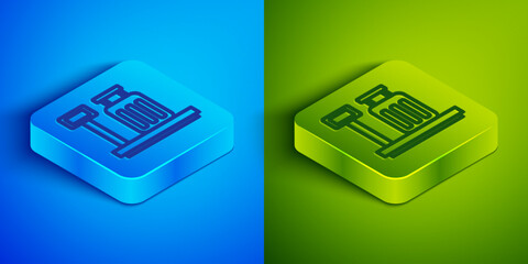 Poster - Isometric line Scale with suitcase icon isolated on blue and green background. Logistic and delivery. Weight of delivery package on a scale. Square button. Vector