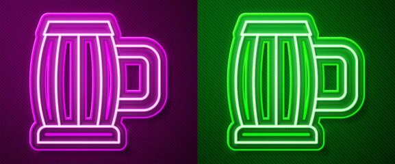 Poster - Glowing neon line Wooden beer mug icon isolated on purple and green background. Vector