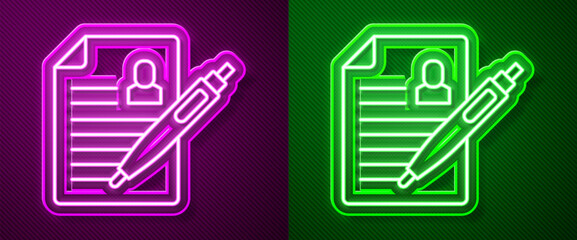 Poster - Glowing neon line Resume icon isolated on purple and green background. CV application. Searching professional staff. Analyzing personnel resume. Vector