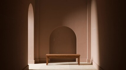 Poster - Wooden bench for product presentation in arched terracotta room. 3d animation