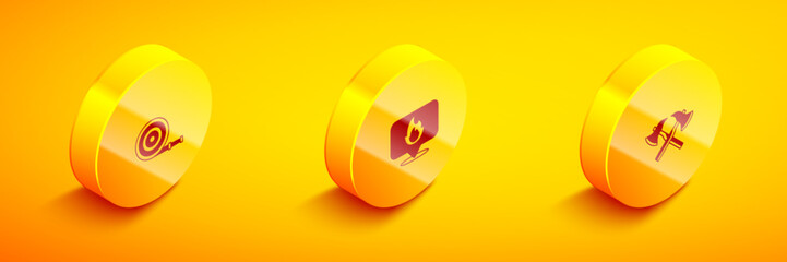 Poster - Set Isometric Fire hose reel, Location with fire flame and Firefighter axe icon. Vector