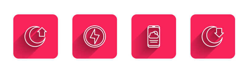 Poster - Set line Moon, Lightning bolt, Weather forecast and with long shadow. Red square button. Vector