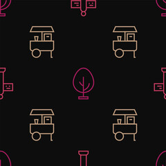 Poster - Set line Road traffic signpost, Fast street food cart and Tree on seamless pattern. Vector