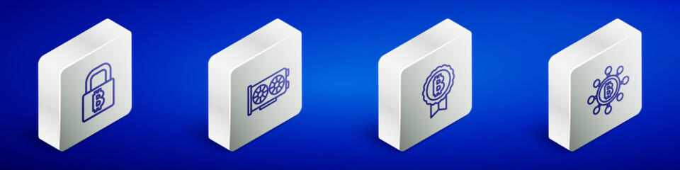 Poster - Set Isometric line Lock with bitcoin, Video graphic card, Bitcoin and Blockchain technology icon. Vector