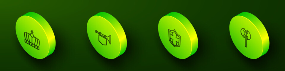 Poster - Set Isometric line King crown, Trumpet with flag, Shield and Medieval axe icon. Vector