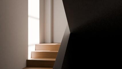 Poster - 3d image of sunlight on wooden stairs near dark wall