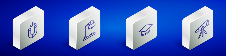Poster - Set Isometric line Magnet, Table lamp, Graduation cap and Telescope icon. Vector