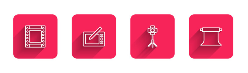 Poster - Set line Camera roll cartridge, Graphic tablet, Softbox light and Empty photo studio with long shadow. Red square button. Vector