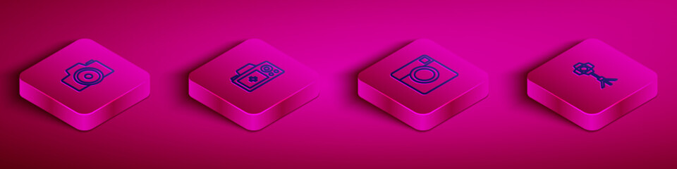 Poster - Set Isometric line Photo camera, , and Softbox light icon. Vector