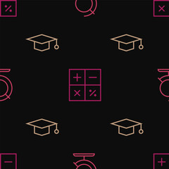 Poster - Set line Earth globe, Graduation cap and Calculator on seamless pattern. Vector