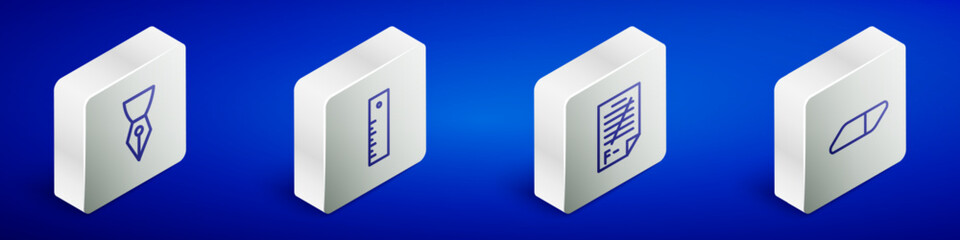 Poster - Set Isometric line Fountain pen nib, Ruler, Exam paper with incorrect answers and Eraser rubber icon. Vector