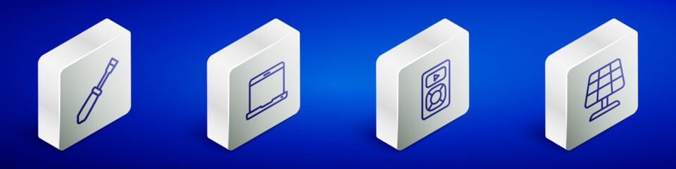Poster - Set Isometric line Screwdriver, Laptop, Music player and Solar energy panel icon. Vector