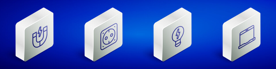 Poster - Set Isometric line Magnet, Electrical outlet, Creative lamp light idea and Laptop icon. Vector