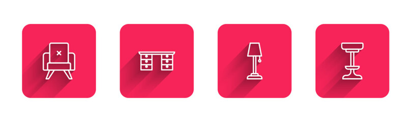 Poster - Set line Armchair, Office desk, Floor lamp and Chair with long shadow. Red square button. Vector