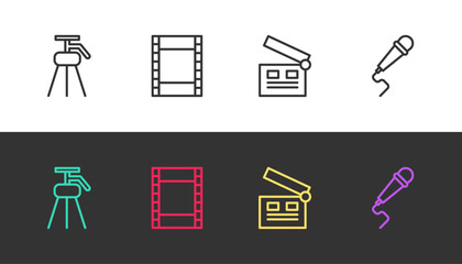 Poster - Set line Tripod, Play Video, Movie clapper and Microphone on black and white. Vector