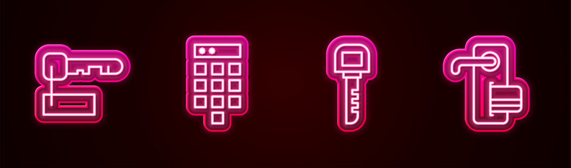 Poster - Set line Marked key, Password protection, Key and Digital door lock. Glowing neon icon. Vector