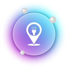 Poster - White Cafe and restaurant location icon isolated on white background. Fork and spoon eatery sign inside pinpoint. Blue and purple gradient circle background. Vector.